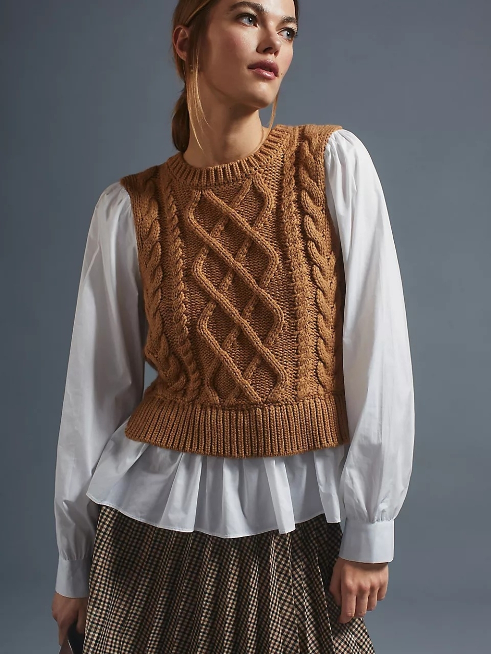 Anthropologie Cable-Knit Crewneck Sweater Vest in Camel Brown